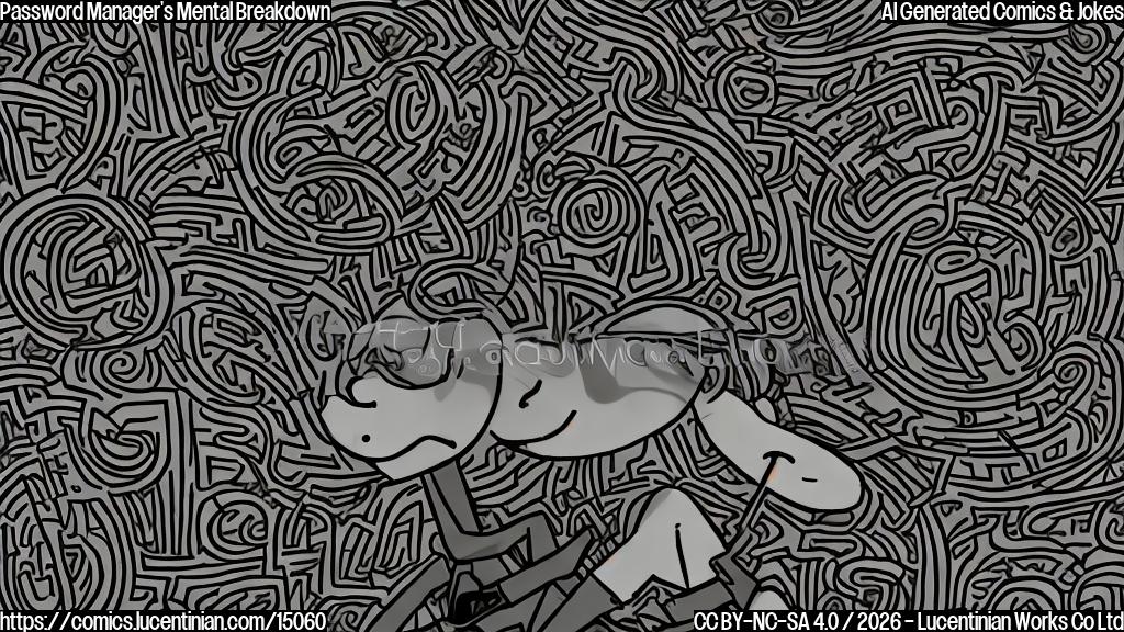 Draw a simple cartoon of a person with a worried expression, surrounded by clouds of encryption symbols (e.g., !, @, #) with a faint outline of a therapist's chair in the background, in plain color style.