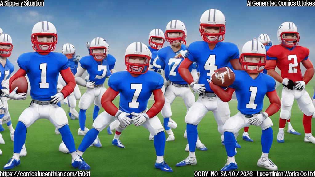 : A cartoon of a person holding a ladder, standing on a football field with two teams in the background, one team wearing blue jerseys and the other wearing red jerseys. The person is surrounded by footballs and helmets, with a big smile on their face.