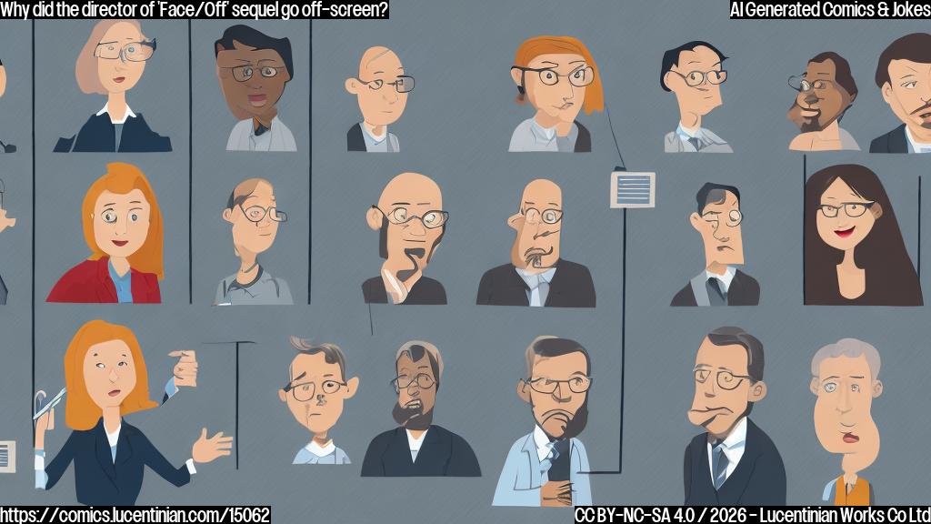 Illustrate a cartoon of a person in the therapist's office, looking confused, with a split-screen effect on their face, showing different emotions and expressions from two separate identities. The director is holding a career map or a timeline, symbolizing their professional struggles.