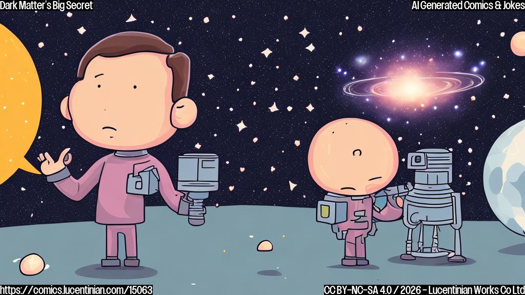 Illustrate a plain color cartoon style picture of an astronomer standing alone in space, surrounded by stars and a faint galaxy in the background, with a speech bubble above his head that says "I need space" and a thought bubble below his head with a heart breaking apart.