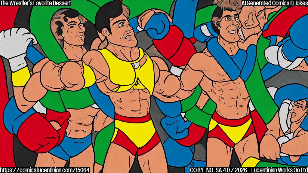 Plain color cartoon style. A very muscular male professional wrestler with short dark hair, wearing bright red wrestling trunks, yellow boots, and a green wristband. He has a determined but slightly puzzled expression on his face. He is standing in the center of a wrestling ring, which has blue ropes and a brown mat. In his gloved hands, he is holding a whole, perfectly round, cream pie with a cherry on top. The background shows a blurry stadium audience in simple plain colors. No text or speech bubbles.