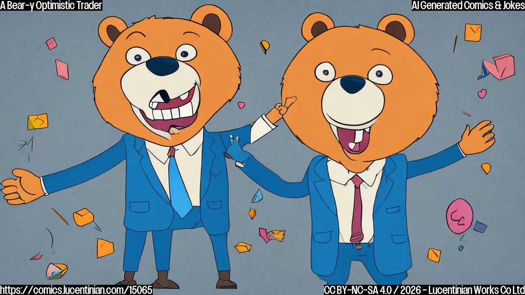 A smiling cartoon character with a bear face, wearing a suit and holding a trading chart, surrounded by positive and down arrows. The character is shown with a big smile on its face, and its arms are raised in excitement.