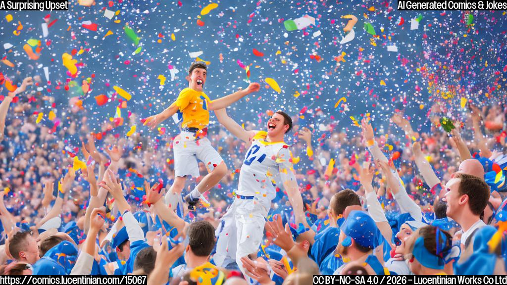 Draw a cartoon of a person holding a ladder, jumping up in the air with excitement, and surrounded by confetti and BYU fans in the background.