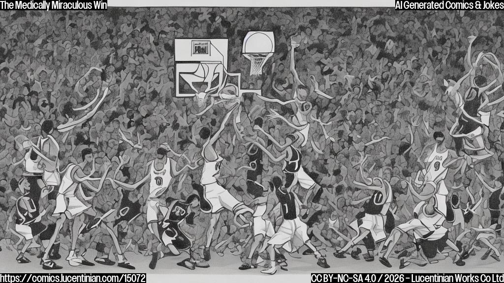 A plain color cartoon style drawing of a basketball court. On the court, several athletic figures in basketball uniforms are celebrating a victory. One player has a white cast on their arm, another has a bandaged leg, and a third has a sling. Despite their injuries, they have triumphant expressions. A basketball hoop is visible in the background. The art style is simple, with bold outlines and flat, bright colors.