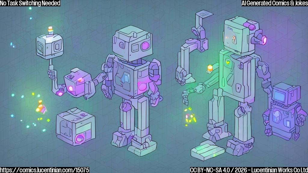 A simple, plain color cartoon drawing of a friendly, blocky robot from the chest up. Inside the transparent outline of its head, several distinct, smaller, floating, simple geometric shapes (like a triangle, circle, square, star) are visible. These shapes are gently glowing and are subtly connected to each other and to the robot's central processing unit (represented by a small, central, glowing sphere) by thin, plain lines, indicating seamless integration. The robot's face has a content, efficient expression. The background is a solid, calming blue. No complex shading or textures.