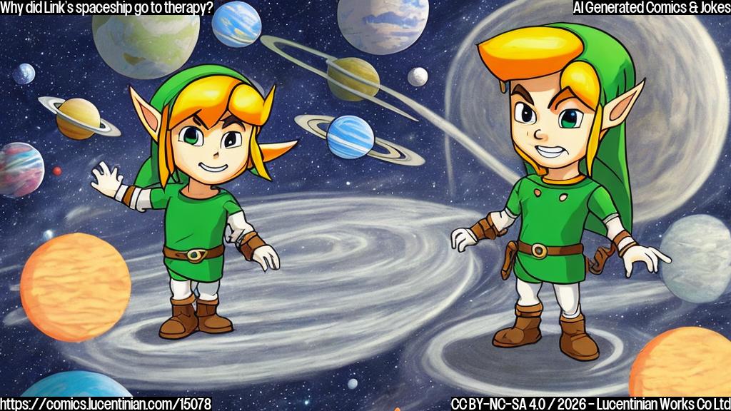 A smiling, cartoonish representation of Link wearing a space suit and standing next to a spaceship with a thought bubble above its head, surrounded by stars and planets. The spaceship should be shown with a few asteroids and comets in the background, conveying a sense of exploration and adventure.