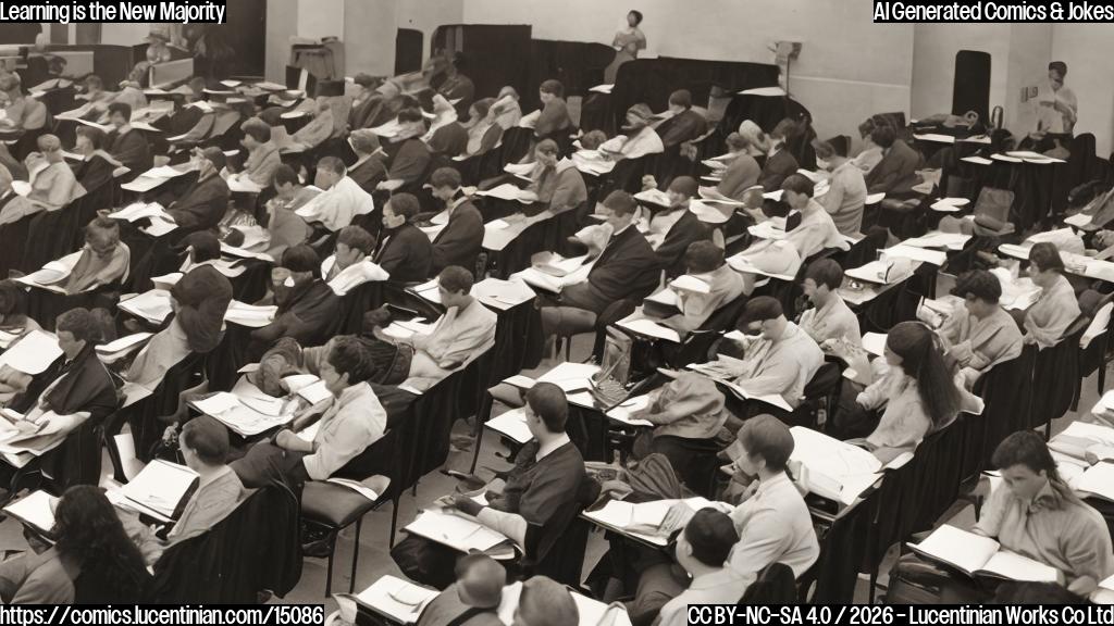 A group of adults sitting in a lecture hall with laptops and notebooks, surrounded by books and degree certificates