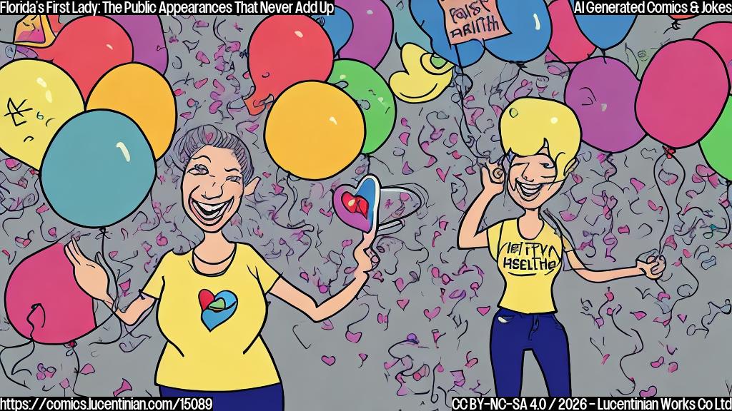 Draw a plain color cartoon style picture of a woman with a microphone in front of a crowded room. She is wearing a friendly smile and has her hand on her heart, surrounded by balloons with the words "Healthy Florida First" written on them.