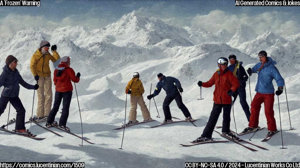 A group of skiers standing at the top of a snow-covered slope, with one skier gesturing downward and another skier in the background holding an ice axe. The scene should convey a sense of urgency and relief.