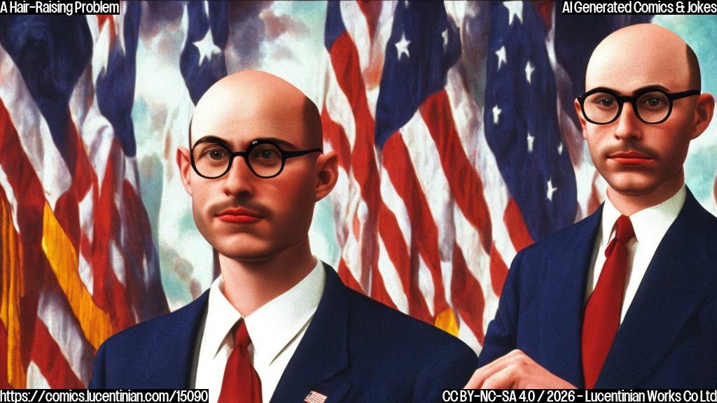 A bald, bespectacled man with a receding haircut and a red tie stands in front of a podium, looking worried. He has a handful of hair combs scattered around him. In the background, there is a blurred image of a presidential stage with a giant American flag waving above it.