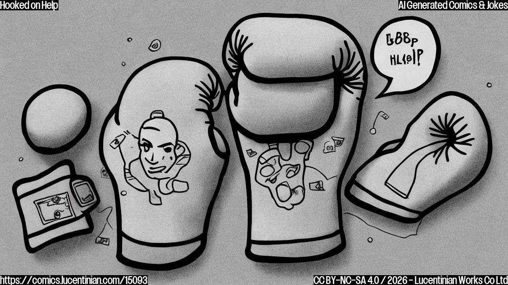 Draw a cartoon-style picture of a boxing glove with a concerned expression, surrounded by thought bubbles and a therapist's chair in the background. The glove is wearing a determined look on its face, as if it's seeking help to overcome its struggles.