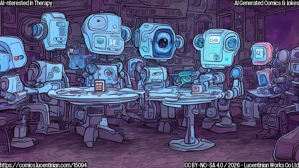 Describe a plain color cartoon style picture of a robot with multiple small screens on its body, all showing different humans in various conflict-ridden situations. The robot is sitting on a therapist's couch with a puzzled expression.