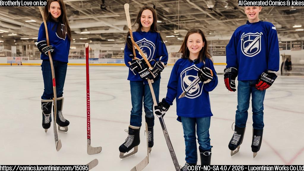 a determined sibling with a hockey stick and a big smile standing next to a metal step stool in front of an ice rink