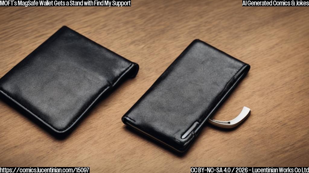a wallet with a kickstand on it standing alone in a room with a smartphone nearby and a laptop open in the background