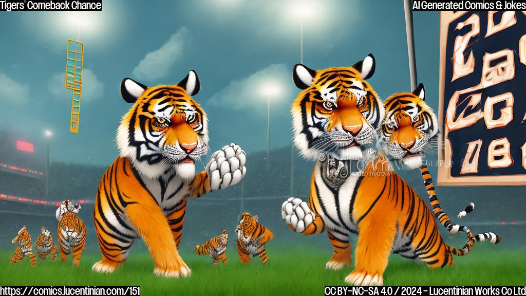 A cartoon style image of a tiger wearing a baseball jersey and holding a large ladder in one paw, standing next to a scoreboard showing 0-1. The tiger's other paw is on a baseball bat, with a determined look on its face. In the background, there are players from both teams (tigers and guardians) running towards the field, ready for the game to start. The atmosphere is energetic and exciting, with cheering crowds in the stands.