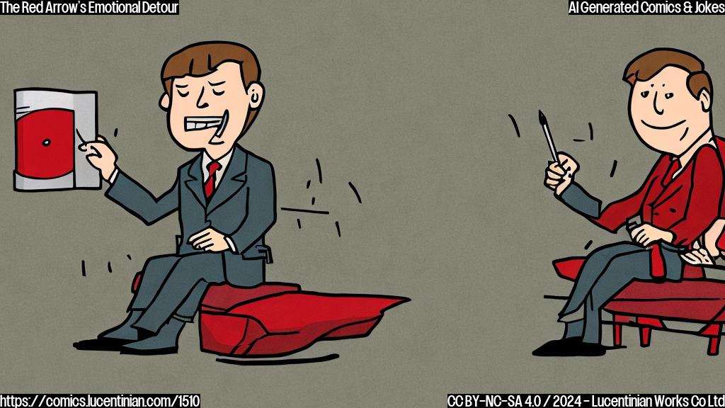 Draw a cartoon of a red arrow with a puzzled expression, sitting on a therapist's couch in the middle of a war-torn landscape. The arrow is wearing a suit and holding a small notebook.