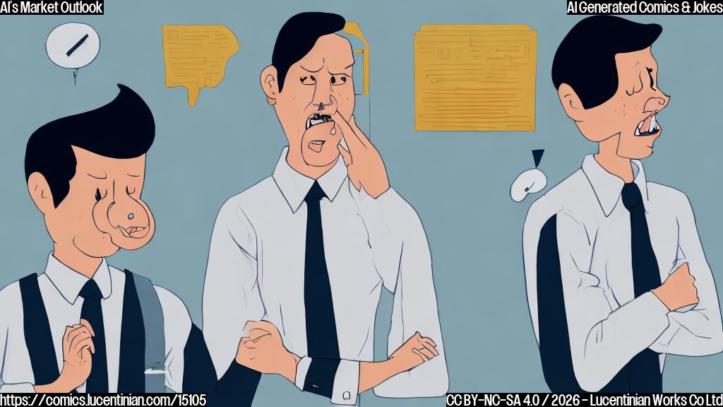 A plain color cartoon style image. On the left, a human male character, appearing as a worried investor, with wide eyes and a slightly open mouth, perhaps with a small sweat drop near his temple. He is wearing a simple business shirt and tie, with his hands slightly raised in a gesture of concern. He looks towards the right. On the right, a sleek, futuristic AI assistant robot with a smooth, metallic body and a glowing, rectangular screen for a head, displaying a neutral, confident, almost smug facial expression. The robot is looking calmly at the investor. The background is a solid, light blue color, conveying a minimalist setting.