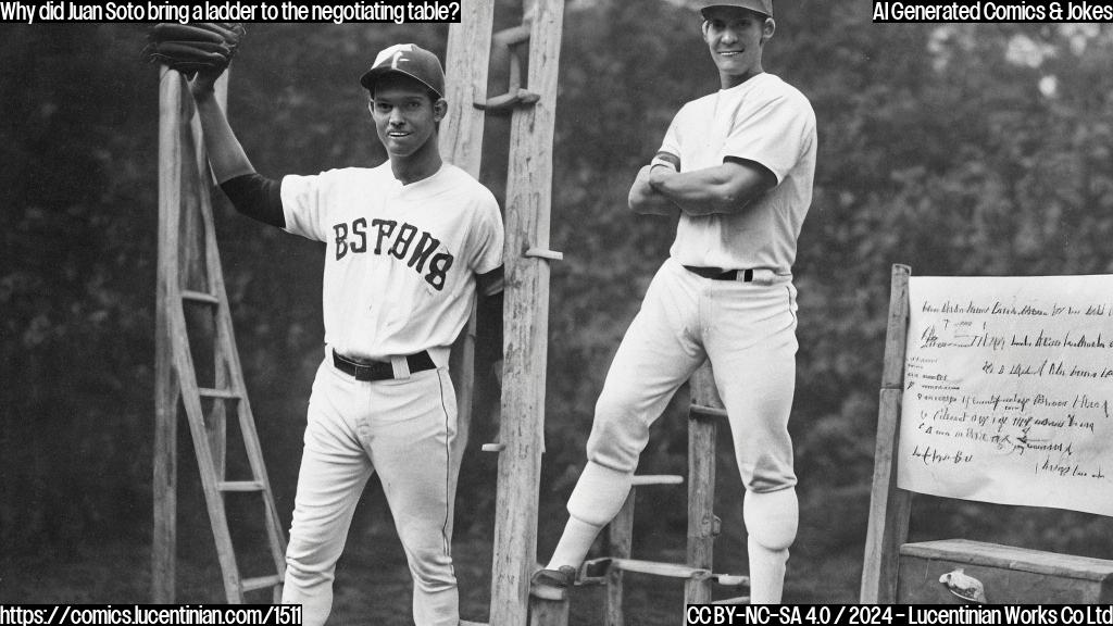 a muscular, 26-year-old baseball player with a confident expression, standing in front of a large piece of paper with multiple contracts and offers listed, wearing a baseball cap and holding a wooden ladder behind him