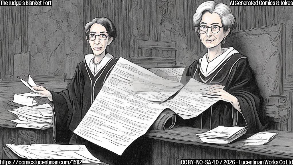 A plain color cartoon style picture. A serious-looking, mature woman with glasses, wearing a flowing black judge's robe, is sitting behind a large wooden judicial bench. She is playfully but firmly placing a big, plain colored blanket over a very tall stack of official-looking papers on the bench. The papers are labeled "TOP SECRET REPORT". Her expression is one of determined secrecy, almost like a child building a fort. The background is a simple courtroom wall.