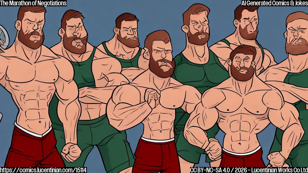 A plain color cartoon style. A very muscular male fighter with a prominent red beard, wearing training shorts and a tank top, stands with his hands raised in frustration, looking very annoyed. In front of him, three bland-looking business executives in suits are slowly shuffling their feet, looking bored or uninterested. One executive holds a very long, rolled-up document labeled "Contract." The background is a simple, plain arena-like setting with empty stands.