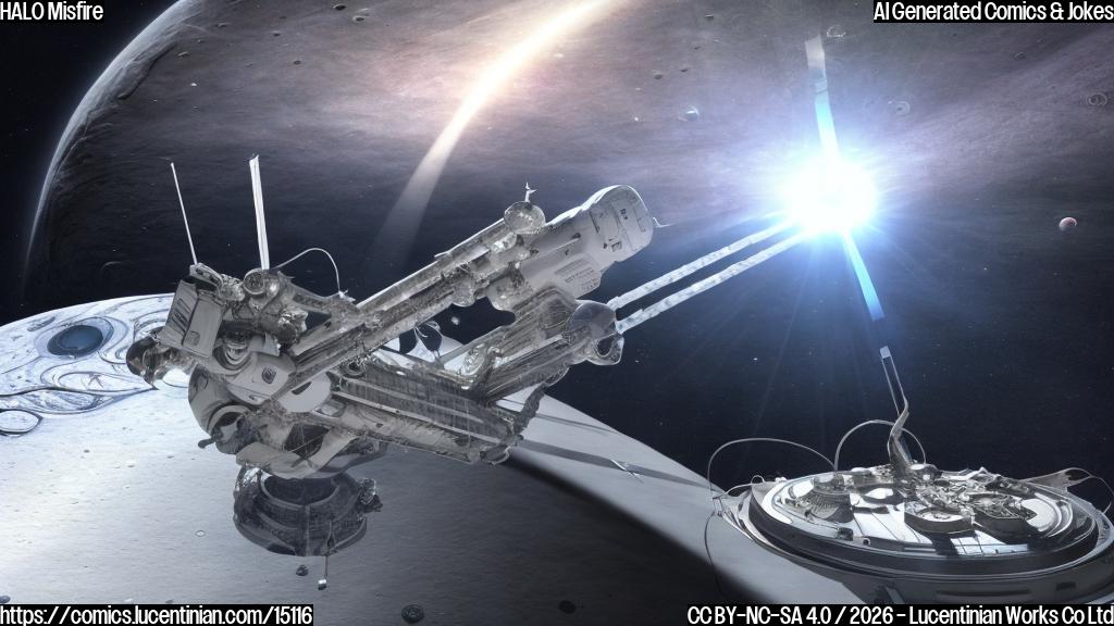 A large, futuristic spacecraft with a gleaming white hull and silver accents, surrounded by a halo of light as it hovers above the icy surface of Europa. The spacecraft's antenna is pointed towards the horizon, and its communication equipment is depicted in the foreground as malfunctioning, with sparks flying out of it.