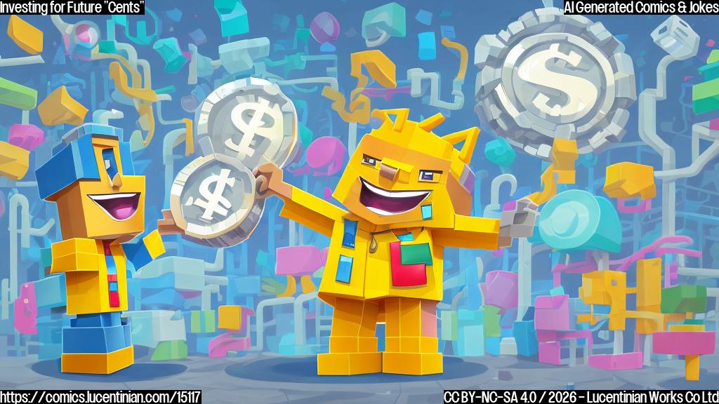 A cheerful, blocky cartoon character, designed to look like a corporate entity, is standing next to a small, brightly colored factory building. The character is holding a giant coin with a dollar sign on it and pointing proudly at the factory. Many large, shiny coins are scattered around the ground. The art style is plain color cartoon with clear outlines and no complex textures. Bright, optimistic colors.