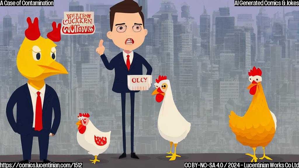 Illustrate a cartoon character, a worried-looking mother holding a carton of raw milk, standing next to a chicken wearing a suit and tie, with a cityscape background featuring a large dairy farm in the distance. The chicken should be holding a sign that reads "Fowl Play".