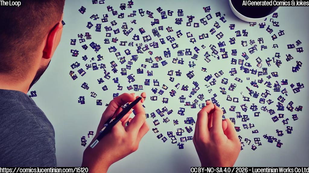 Draw a simple cartoon of a person looking at their phone with a confused expression, surrounded by puzzle pieces and a magnifying glass.