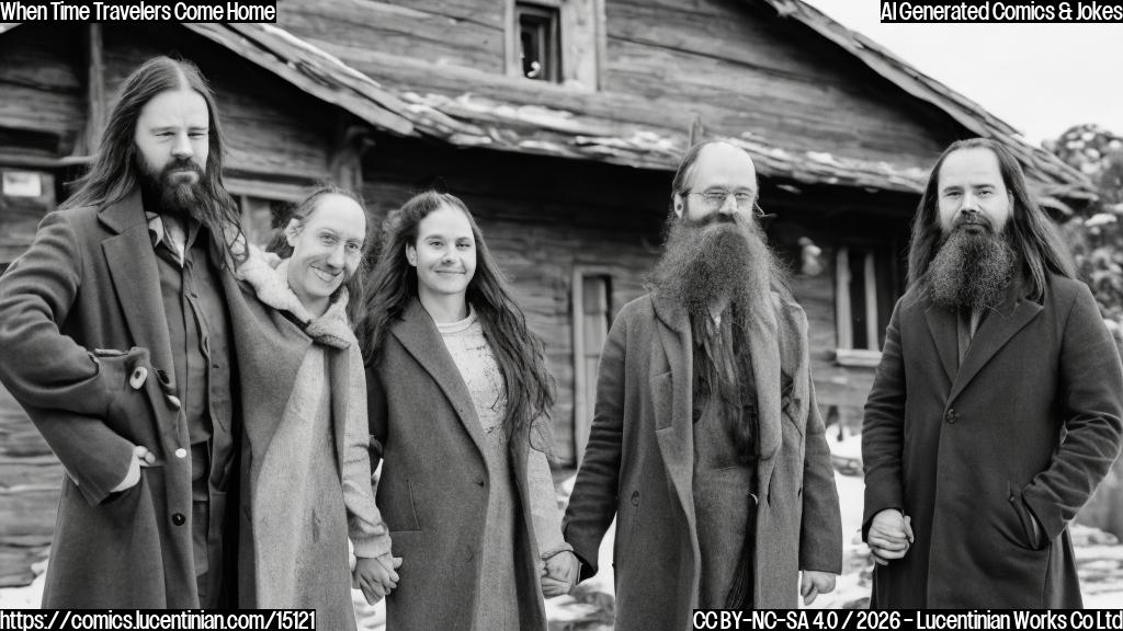 a couple, a man with a long hair and beard, holding hands with a woman in a long coat, standing in front of a rustic wooden house