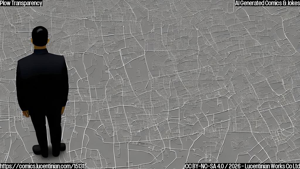 A plain color cartoon style image. A large, stern-looking city official in a dark suit stands next to a massive, plain-colored screen displaying a simplified map of a city street grid, with very few, small, light-colored plow truck icons visible. A small group of frustrated-looking citizens, bundled in warm clothing, stand behind the official, peering over his shoulder at the screen with crossed arms and furrowed brows. The background is a stark white or light blue, giving a minimalist feel.