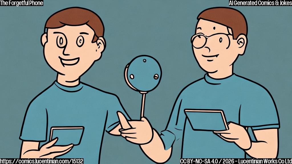 A plain color cartoon style illustration. A person with a simple, round face and a curious smile holds a sleek, rectangular, modern handheld device. The device's display stretches almost to its very edges, with barely visible borders. On the device's bright, active screen, two large, cartoonish eyes look around with a comical, bewildered expression, as if searching for something missing. The background is a solid, light color. Simple shapes, bold outlines.