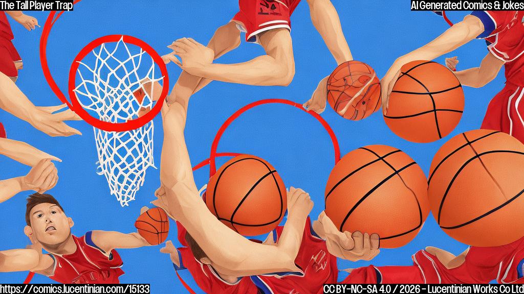 Plain color cartoon style. A basketball court with a hoop. On one side, a team of five players in red uniforms. All five red-uniformed players are grouped together under the basket, looking upwards with worried expressions at a single, incredibly tall player in a blue uniform. Meanwhile, four other players in blue uniforms are spread out across the court, completely unguarded. One of the blue-uniformed players is casually shooting an unguarded ball into the hoop, another is dribbling freely towards the basket, and two others are standing relaxed with smiles. The coach of the red team, a short man with a whistle around his neck and a clipboard, stands on the sideline with a bewildered, confused expression. Simple background with flat, plain colors.
