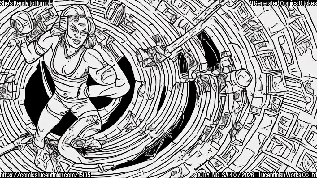 Draw a cartoon-style picture of a wrestler standing in the center of a wrestling ring, holding a ladder and wearing a determined expression. The background should be a neutral color to represent a blank canvas for Liv Morgan's career.