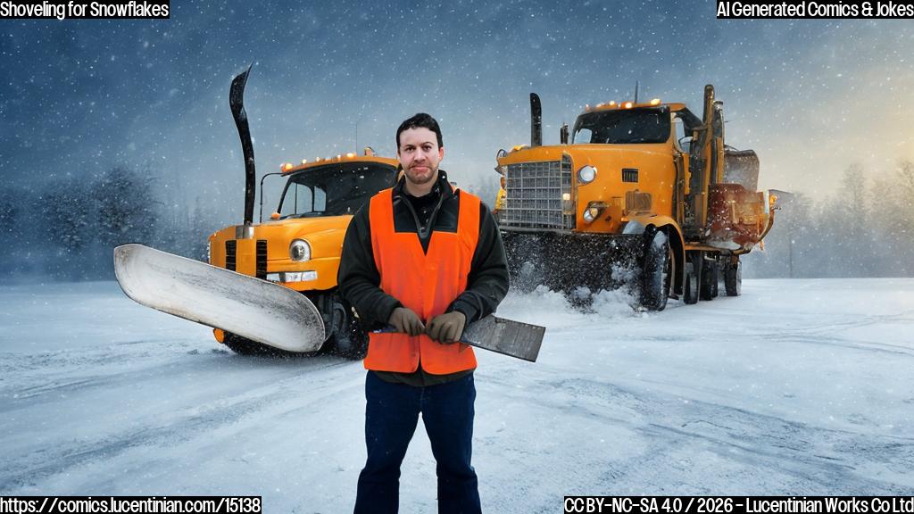 A snowplow driver holding a shovel with a worried expression, standing in front of a snowy landscape with a cityscape visible in the background. The snowplow driver's face should convey concern and frustration, while the shovel should be slightly bent and worn out.