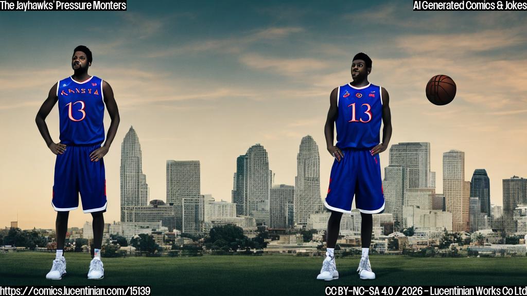 A basketball team with a Kansas city skyline background and a silhouette of a person looking stressed, wearing a basketball jersey with the number 13 on it, standing next to a therapist's couch with a "wilted" plant on it.