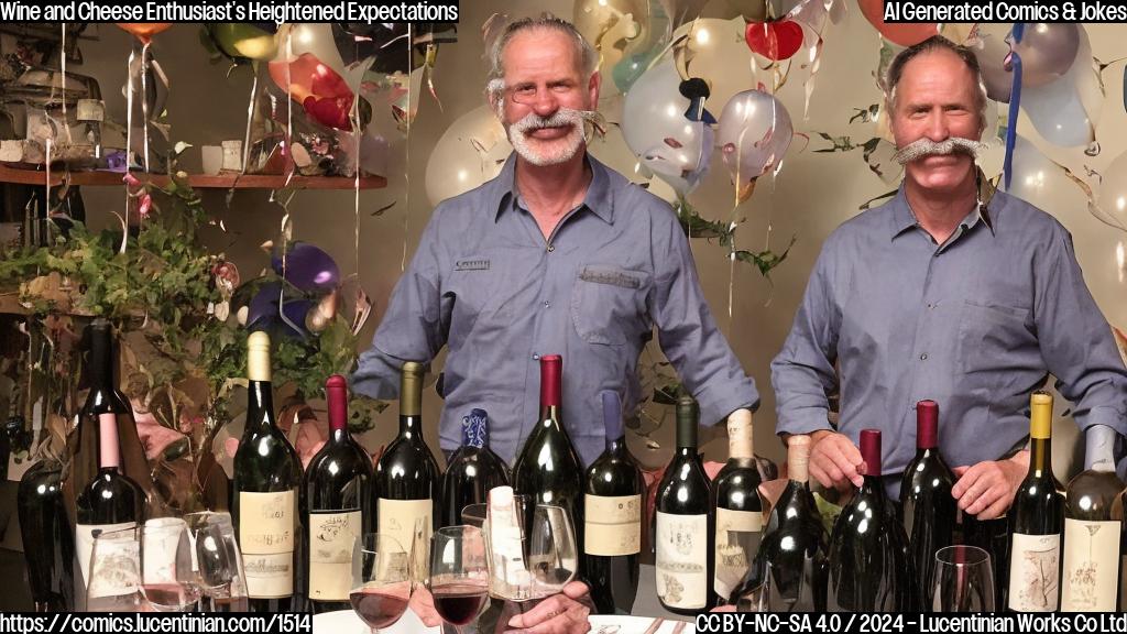 A person in their 50s with a bushy mustache, wearing a wine-stained apron, standing on a ladder next to a table filled with fine wines and cheeses. The background is a party setting with balloons and decorations.