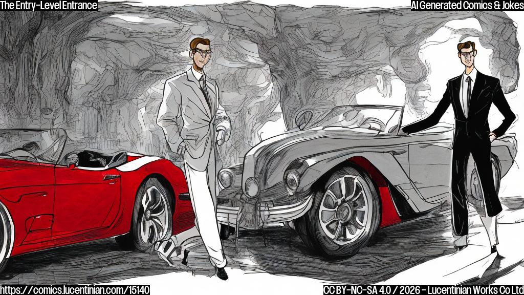 A plain color cartoon style image. On the left, a tall, slender man with slicked-back hair, wearing a sharp, plain-colored suit, stands with a confident, slightly smug smile. He is grandly gesturing towards a sleek, bright red, two-seater convertible sports car that has its soft top folded down, positioned centrally in the frame. On the right, a shorter, dishevelled person in a simple, plain-colored t-shirt and jeans stands with wide, astonished eyes and an open mouth, holding an empty wallet turned inside out. The background is a minimalist car showroom floor in a plain light gray color.