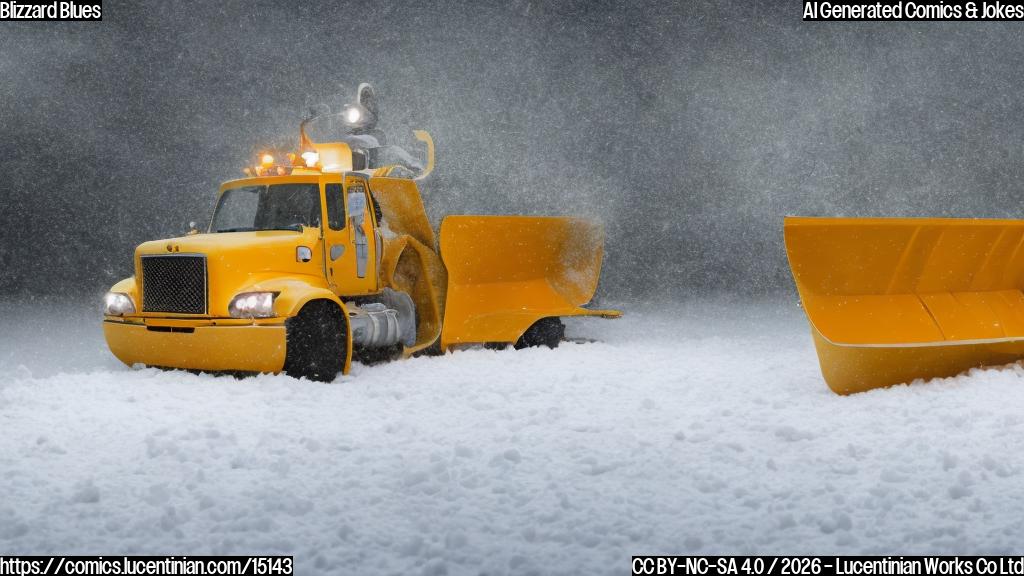A medium-sized, yellow snowplow with a long, curved blade and a bright orange cab, standing in front of a white backdrop with a few snowflakes gently falling down.