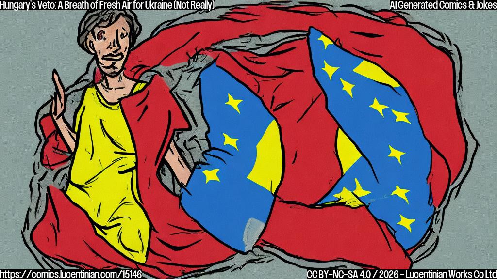 A cartoon-style illustration of a person wrapped in a tight blanket, with a thought bubble above their head showing a red "X" marked through it. The person is surrounded by a faint image of a Ukrainian flag and a Euro symbol, with a subtle hint of Hungary's flag in the background.