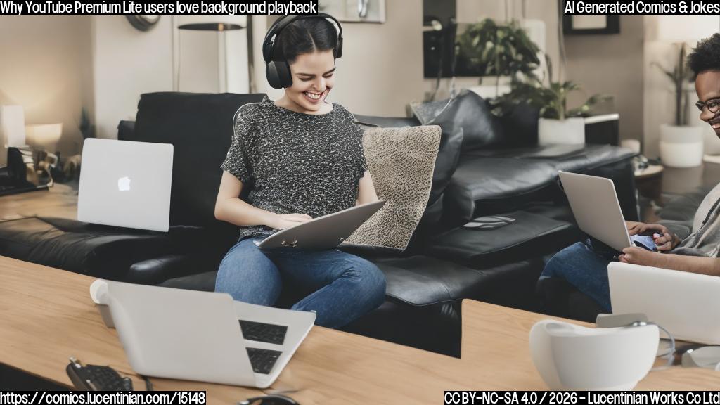 A person sitting on a couch with a laptop, surrounded by headphones and phone chargers, with a smile on their face as they listen to music in the background, while a laptop screen displays YouTube Premium Lite logo and download progress bar.