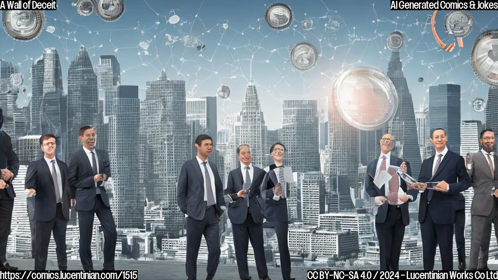 a group of suits standing in front of a city skyline with a magnifying glass hovering above one of them, surrounded by financial charts and newspaper clippings