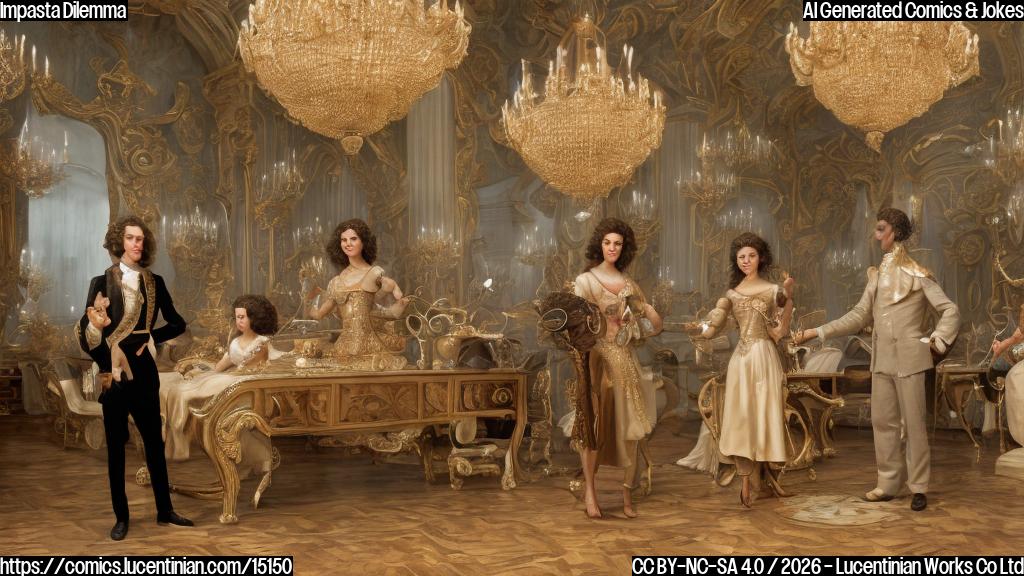 A regal figure with a long, curved nose and a haughty expression is holding a wooden pasta tool in one hand, while another figure with a full head of curly brown hair and a kind smile looks on in amusement. The background is a lavish ballroom with chandeliers and ornate furniture.