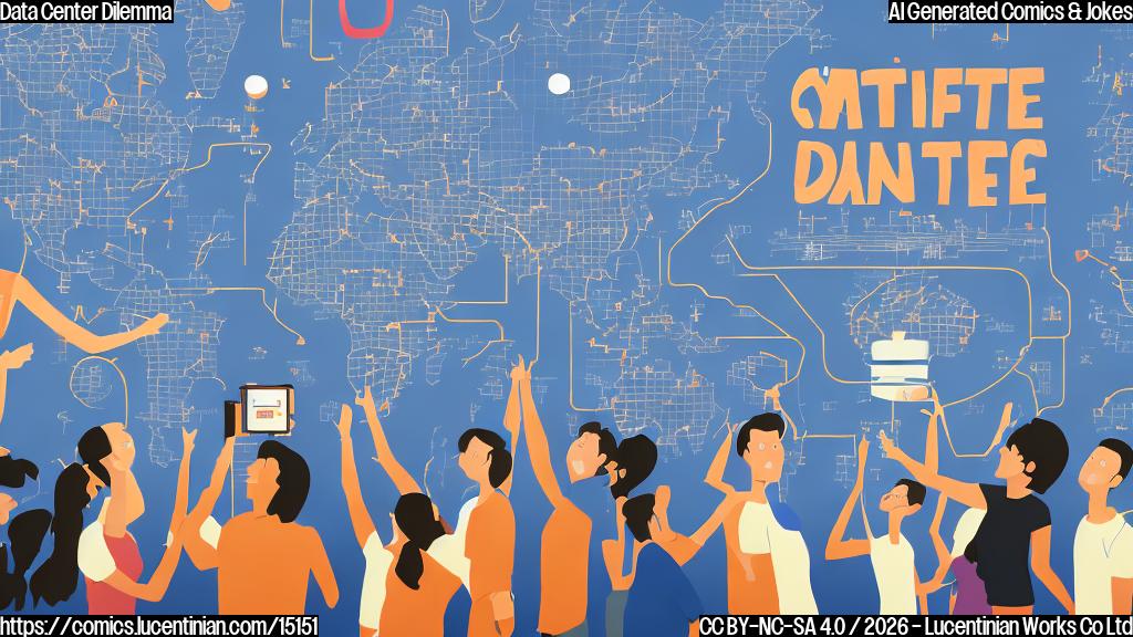 Illustrate a simple, cartoon-style picture of a smiling data center with a thermometer in its hand, sweating, with several people from different countries (USA, India, China, etc.) gathered around it, looking concerned. The data center should have a cityscape or landscape in the background to represent Texas and Virginia.