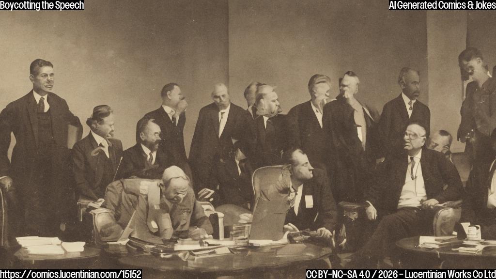 A group of politicians sitting in a row, with one of them crossing their arms and giving a thumbs down, while the others are all engaged in various activities like reading a book or playing a game on their phone.