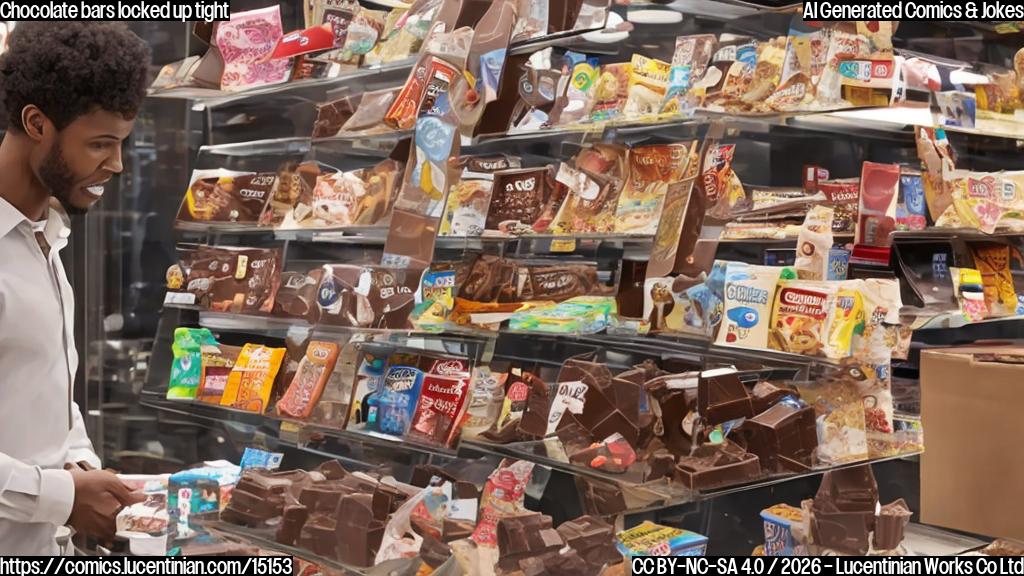 A chocolate bar inside an anti-theft plastic box, with a shocked expression on its face, surrounded by empty shelves and puzzled shopkeepers in the background. The box has a clear plastic force field around it, highlighting the added security measure.