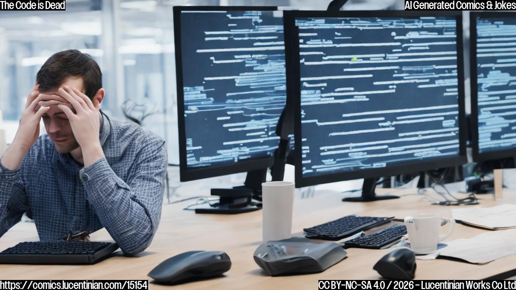 A software engineer working alone at a desk with a computer screen showing code in the background, surrounded by empty coffee cups and worn-out keyboard. The engineer's chair is slouched, and their hands are resting on their forehead as if overwhelmed.
