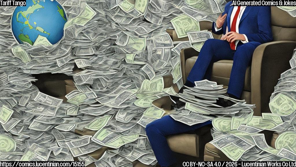 A cartoon of a person sitting on a therapist's couch with a worried expression, surrounded by stacks of paper with dollar signs and a globe in the background, with a few pieces of tape holding together a 10% sign.