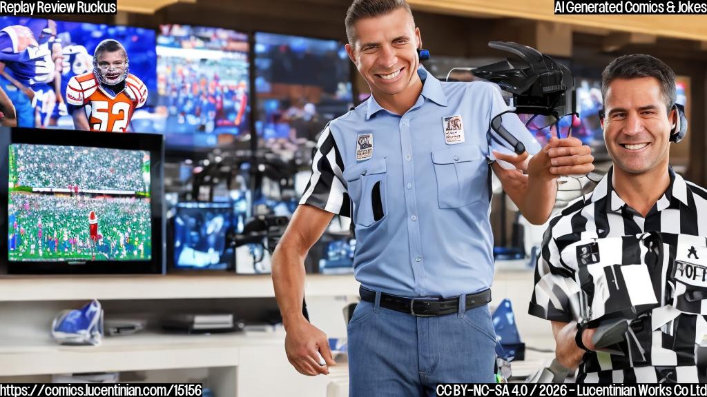 a referee with a big smile on their face, standing in front of a TV screen displaying a replay of a football game, with multiple notations indicating incorrect calls highlighted