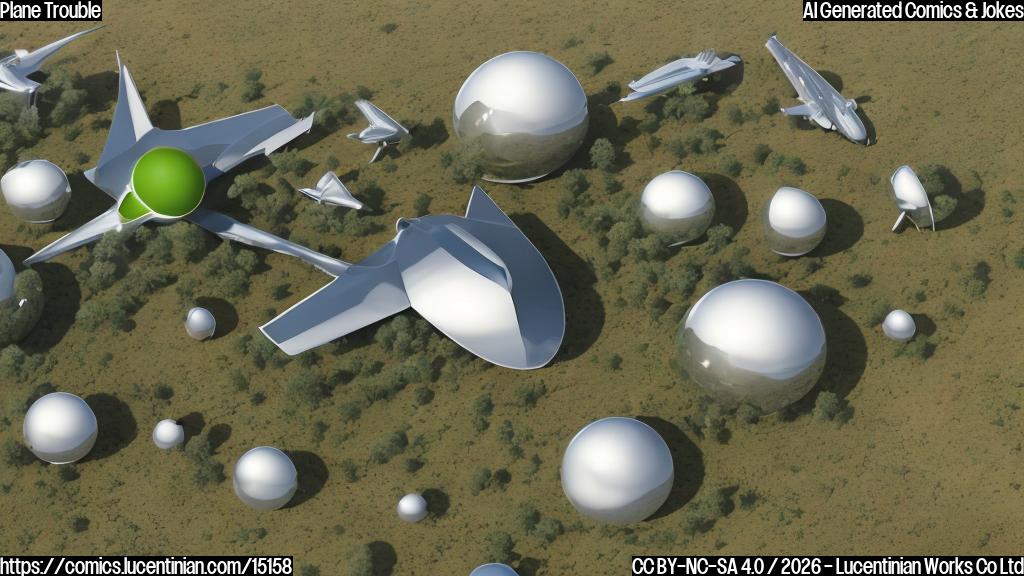 A group of sleek, silver planes with rounded edges and wing-like protrusions are gathered around a large, green globe in the middle of a desert landscape. The planes are arranged in a semicircle, with one plane standing slightly apart from the others. In the foreground, there is a small, heart-shaped object (representing the satellite operator's girlfriend) with a speech bubble above it.