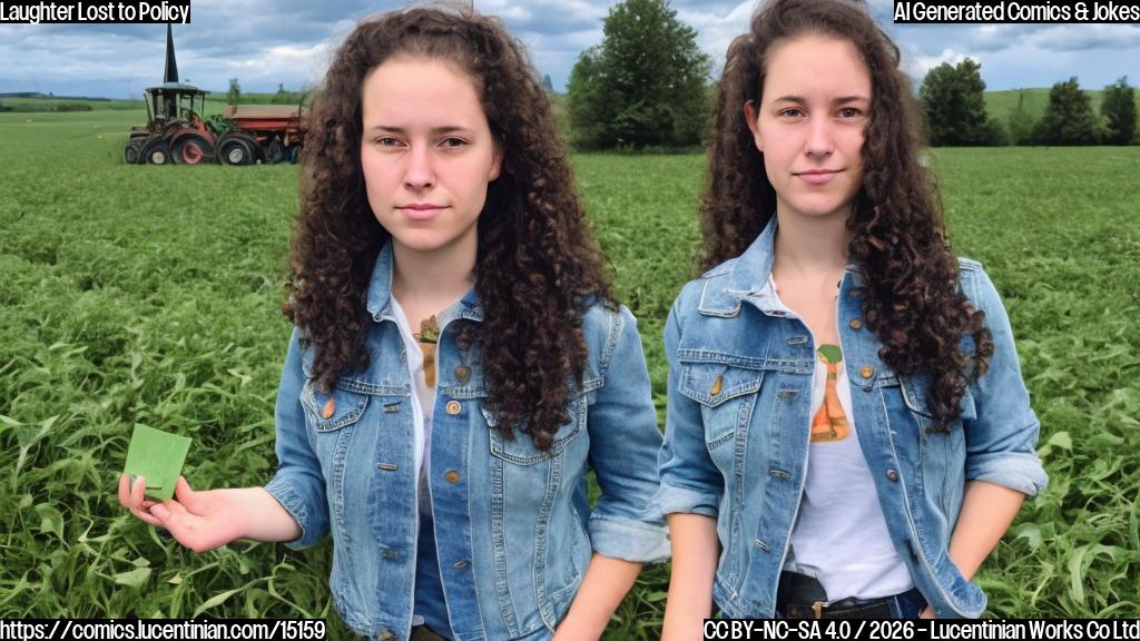 A young woman with a quintessential American upbringing, sporting curly brown hair and wearing a blue denim jacket, standing in front of a green farm backdrop with a tractor and hay bales, looking worried and clutching a U.S. passport in one hand and a suitcase in the other.